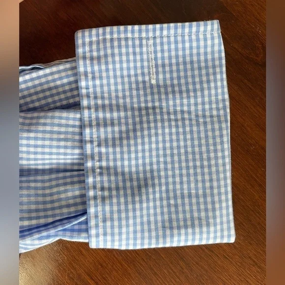 T.M. Lewin - Blue and white checkered dress button down shirt. Double cuff. - Picture 4 of 4
